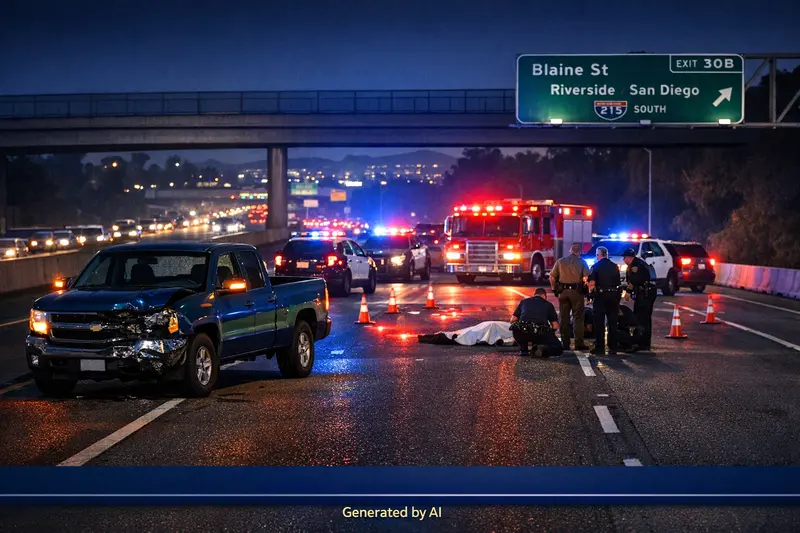Nighttime scene of I-215 near Blaine Street in Riverside with emergency crews responding to a pedestrian accident