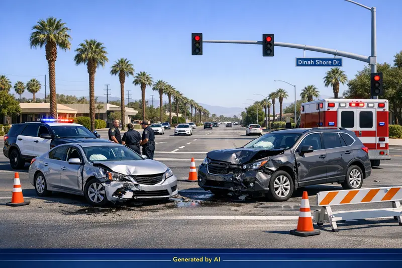 Police and paramedics at Rancho Mirage intersection after suspected DUI hit-and-run involving two cars, daytime scene