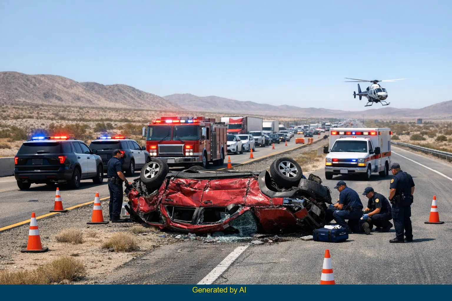 Aftermath of a fatal rollover accident on northbound I-15 near Calico Road involving a damaged red SUV, emergency responders, and backed-up traffic under clear skies.
