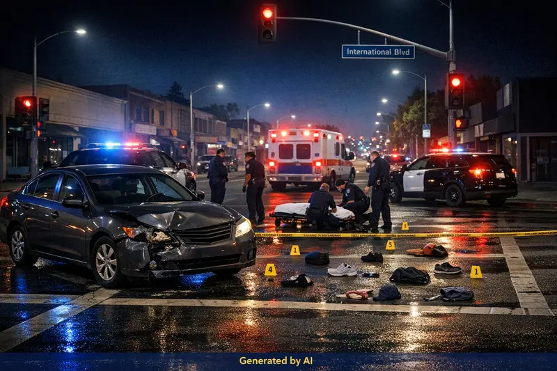 Police and paramedics respond to a serious nighttime pedestrian crash at International Blvd and 85th Ave in Oakland intersection
