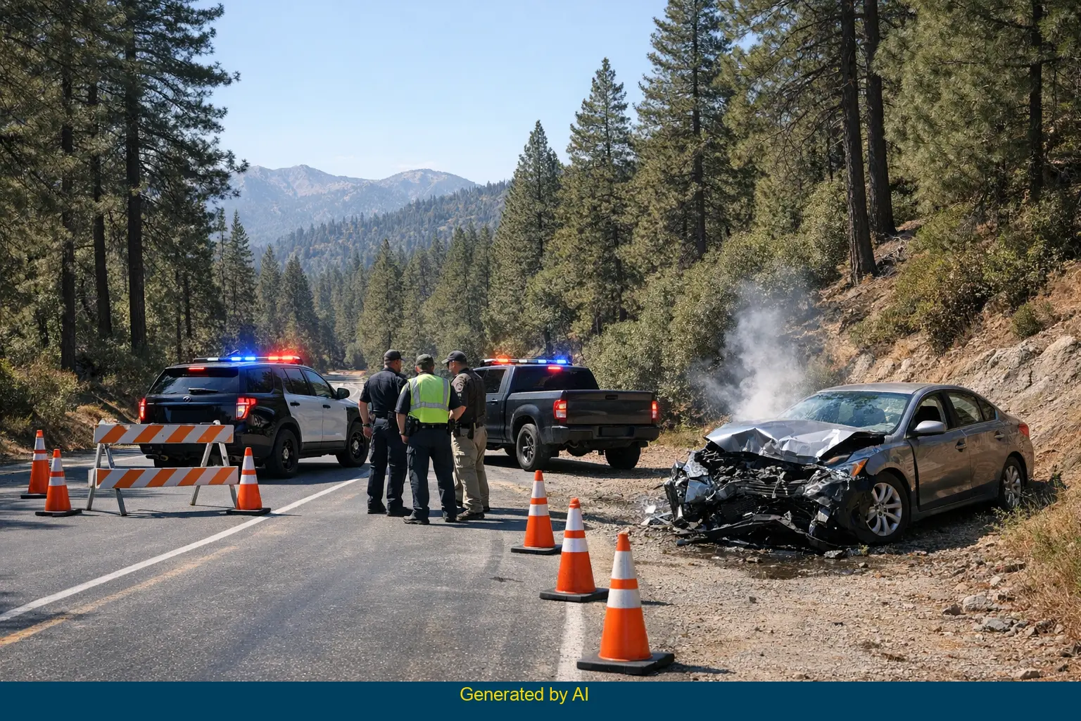 Aftermath of a traffic collision on Hume Lake Road with emergency vehicles blocking a forested rural roadway