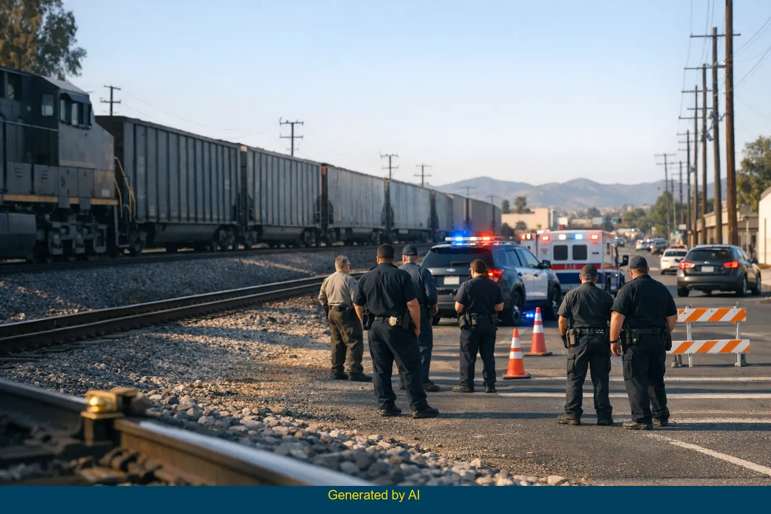 Police and paramedics respond at the site of a train strikes pedestrian accident on railroad tracks in Corona, California under clear daylight.