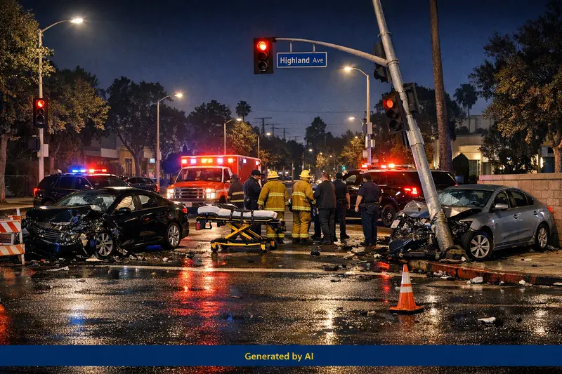 Aftermath of a serious two-car crash at night in Hancock Park, Los Angeles, with emergency response on scene