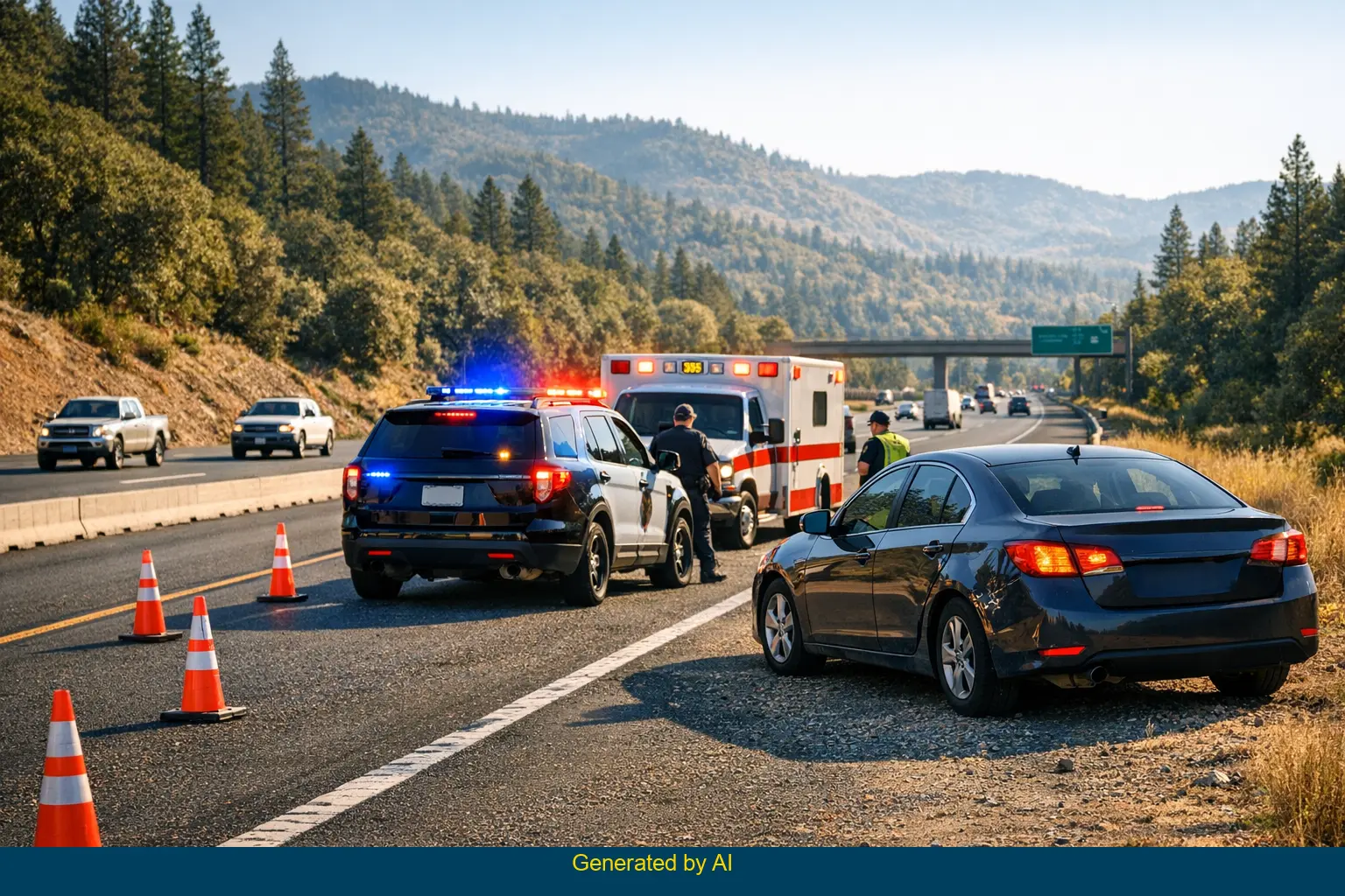 Emergency responders attend to a medical incident on Interstate 5 near Fawndale Road, with police and ambulance vehicles alongside a stopped car.