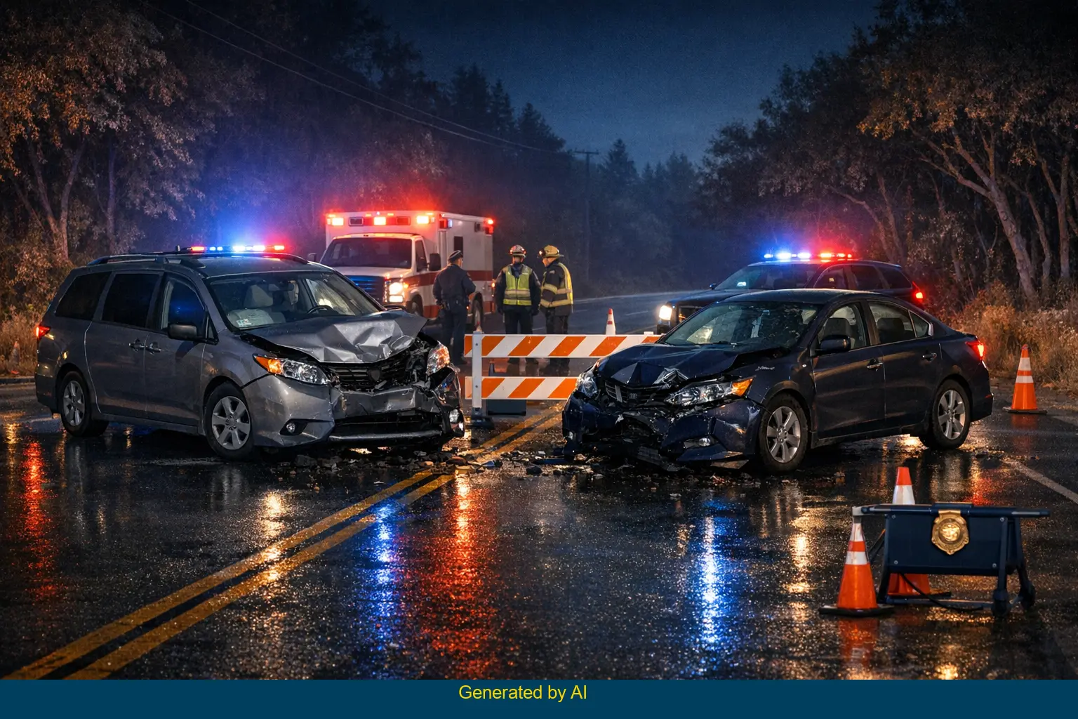 Nighttime scene showing emergency responders at a two-vehicle crash blocking Marysville Road in rural Northern California.