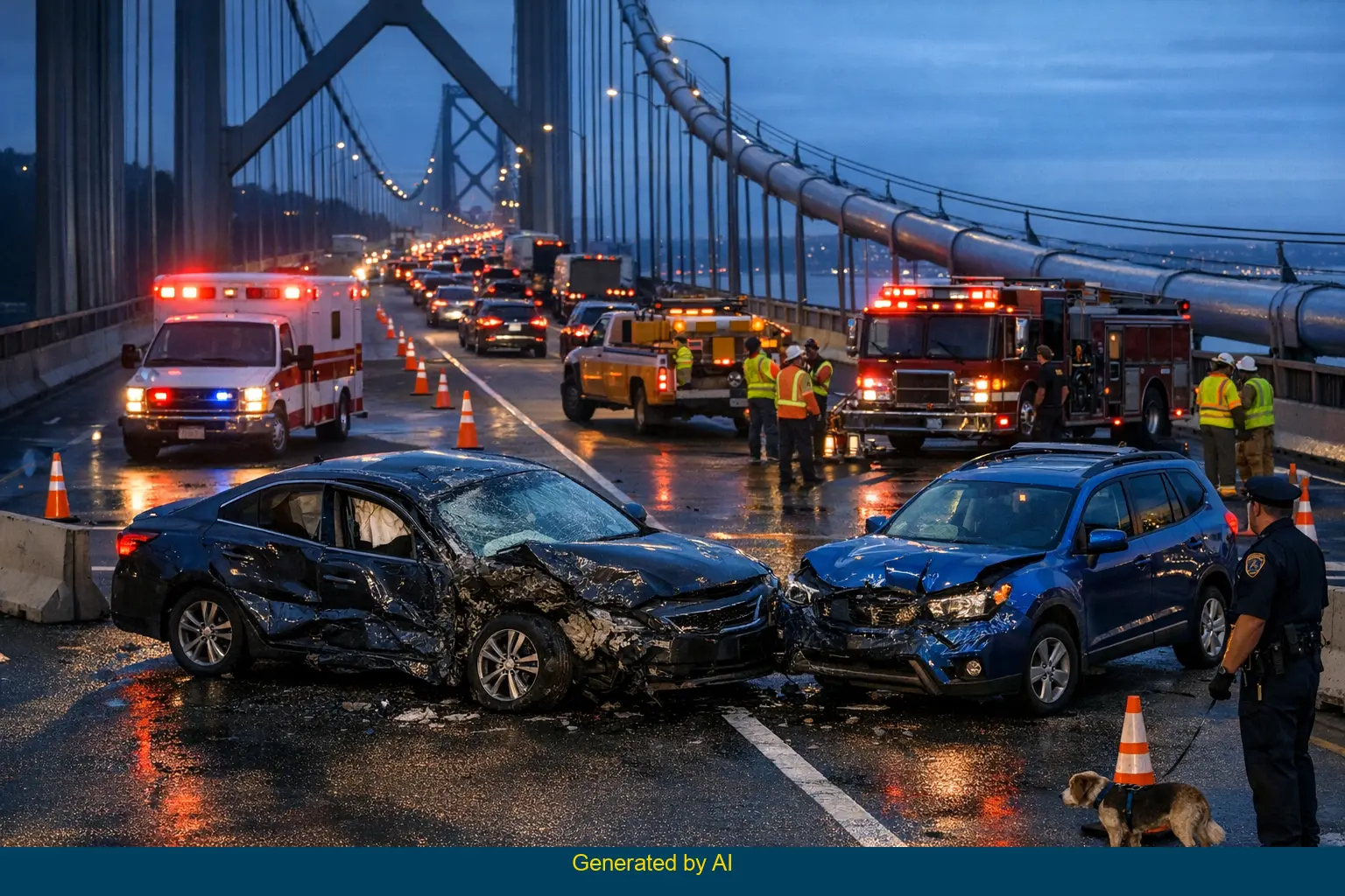 Aftermath of fatal two-vehicle accident blocking eastbound I-80 near Treasure Island off-ramp with emergency vehicles and responders