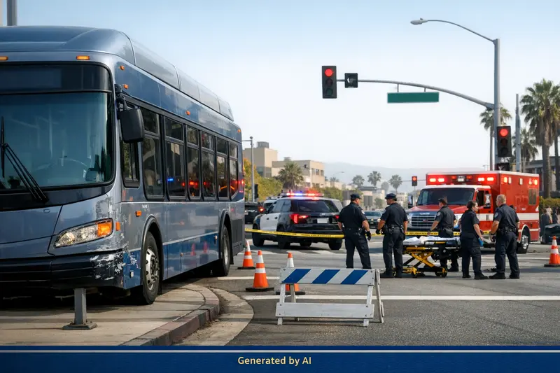 Urban intersection scene with Metro bus, emergency vehicles, and responders after fatal Santa Monica pedestrian accident