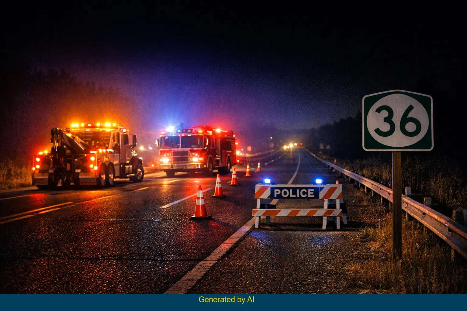 Emergency vehicles and tow truck respond at night on State Route 36 after a fatal pickup truck accident in Tehama County.