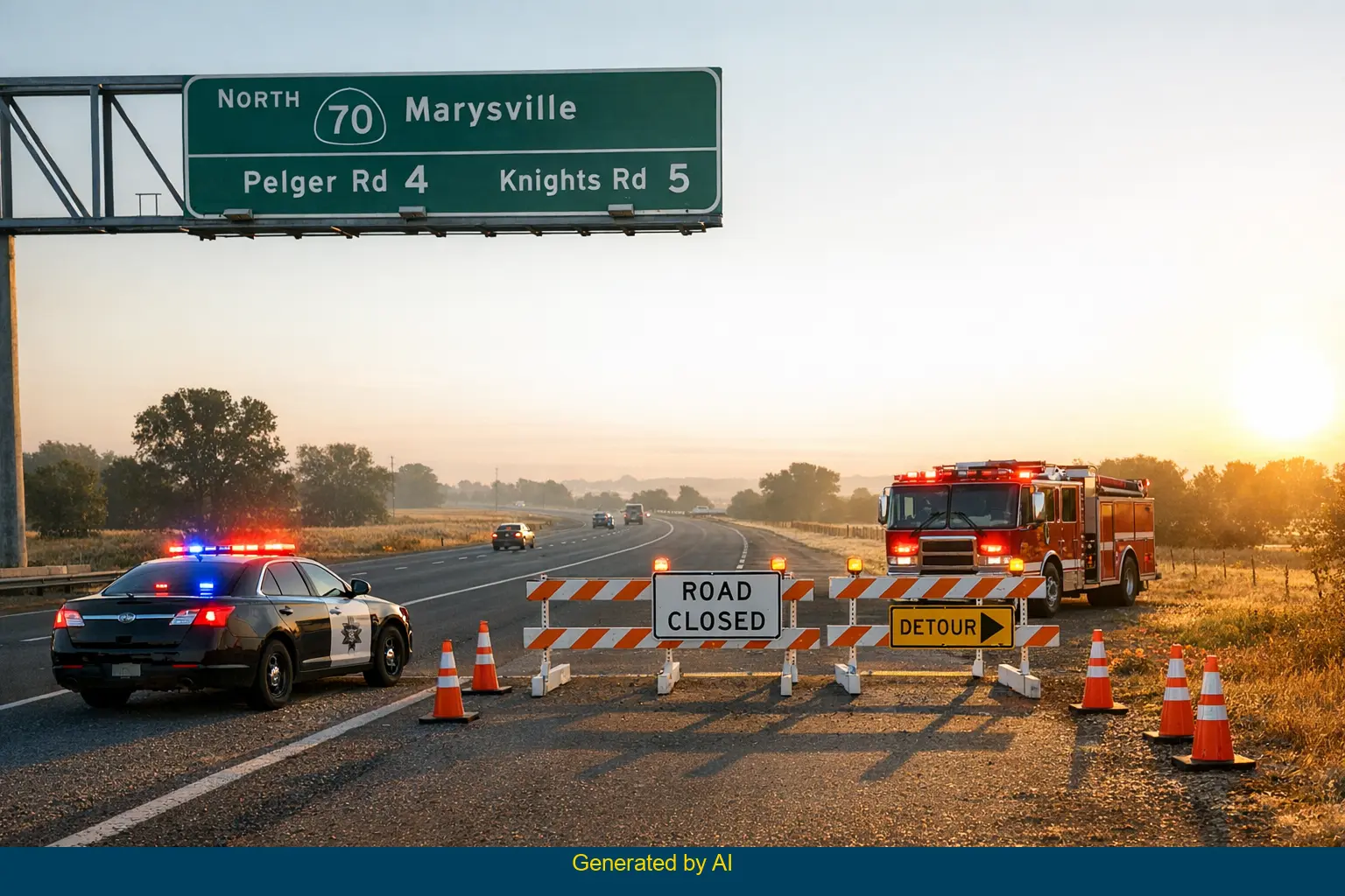 Emergency vehicles and road closure on rural highway near Pelger Road after canal accident in Marysville