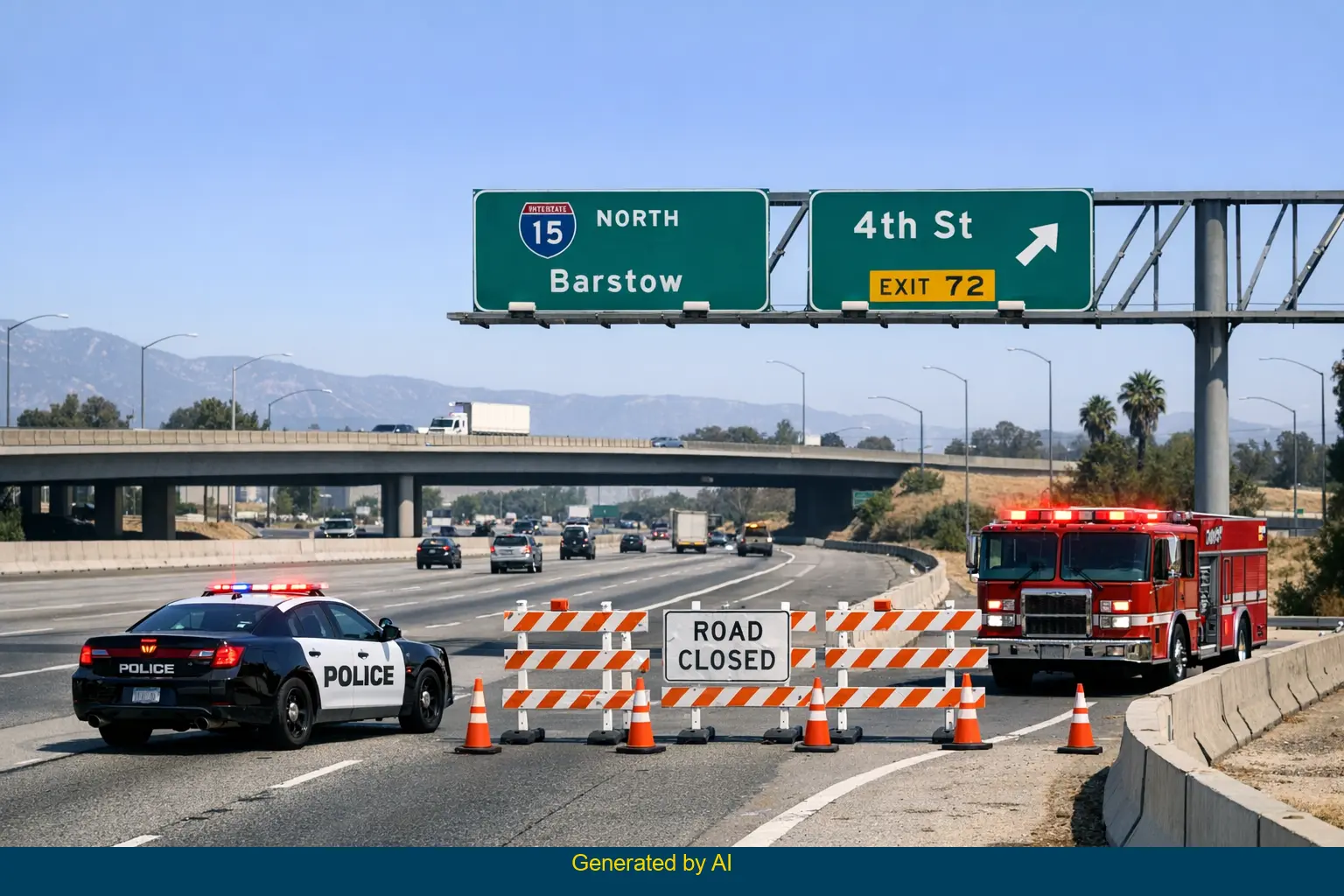 Emergency vehicles and traffic cones block I-15 north at 4th Street off-ramp in Fontana during daylight
