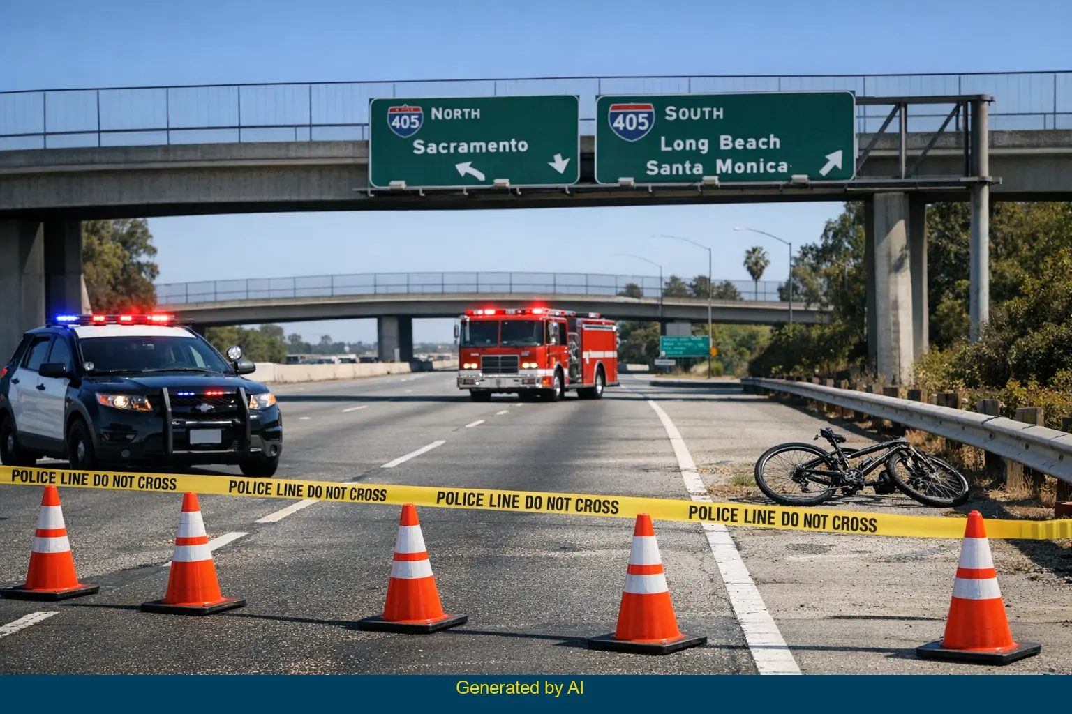 Police vehicles and cones secure a freeway scene after a bicycle-involved accident under clear daylight conditions