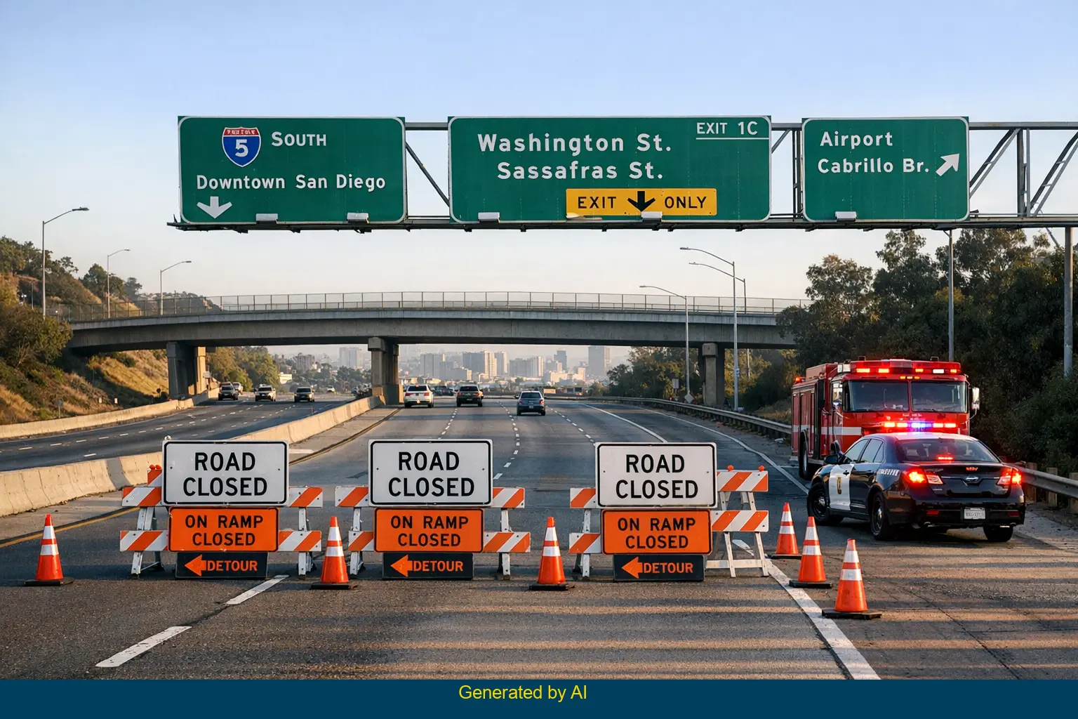 Emergency vehicles and road closure on southbound I-5 near Washington Street in San Diego after accident