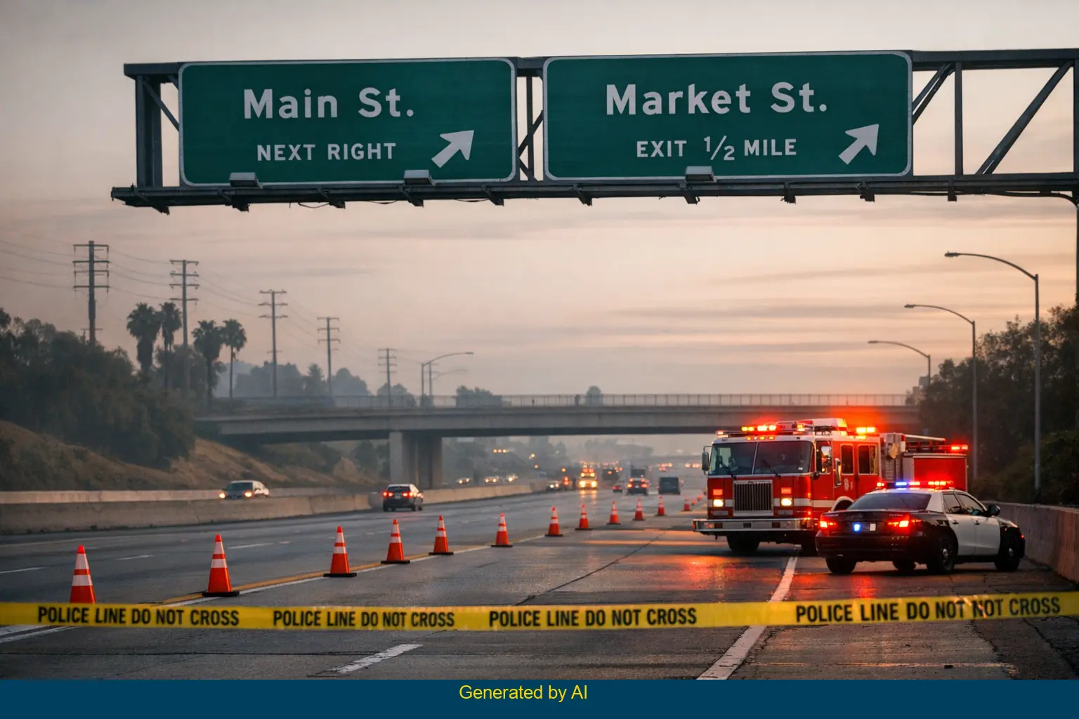 Emergency vehicles and police tape block eastbound State Route 60 near Main Street after fatal crash
