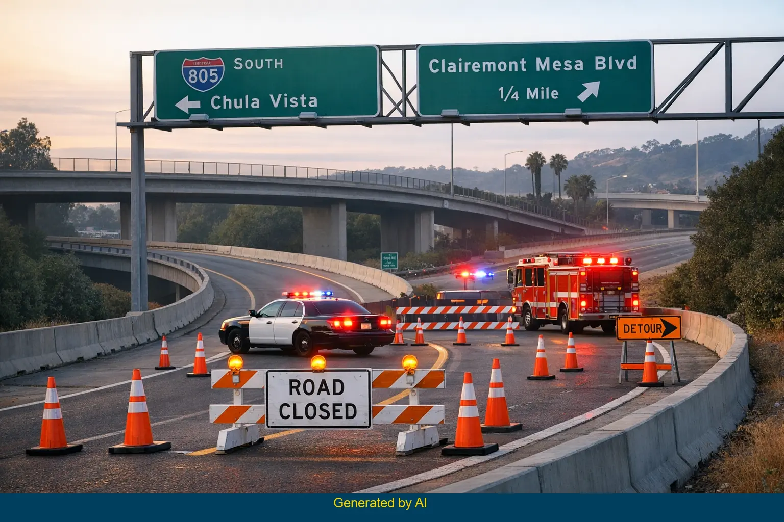 Emergency vehicles and road closure on I-805 on-ramp near Clairemont Mesa after fatal crash in San Diego