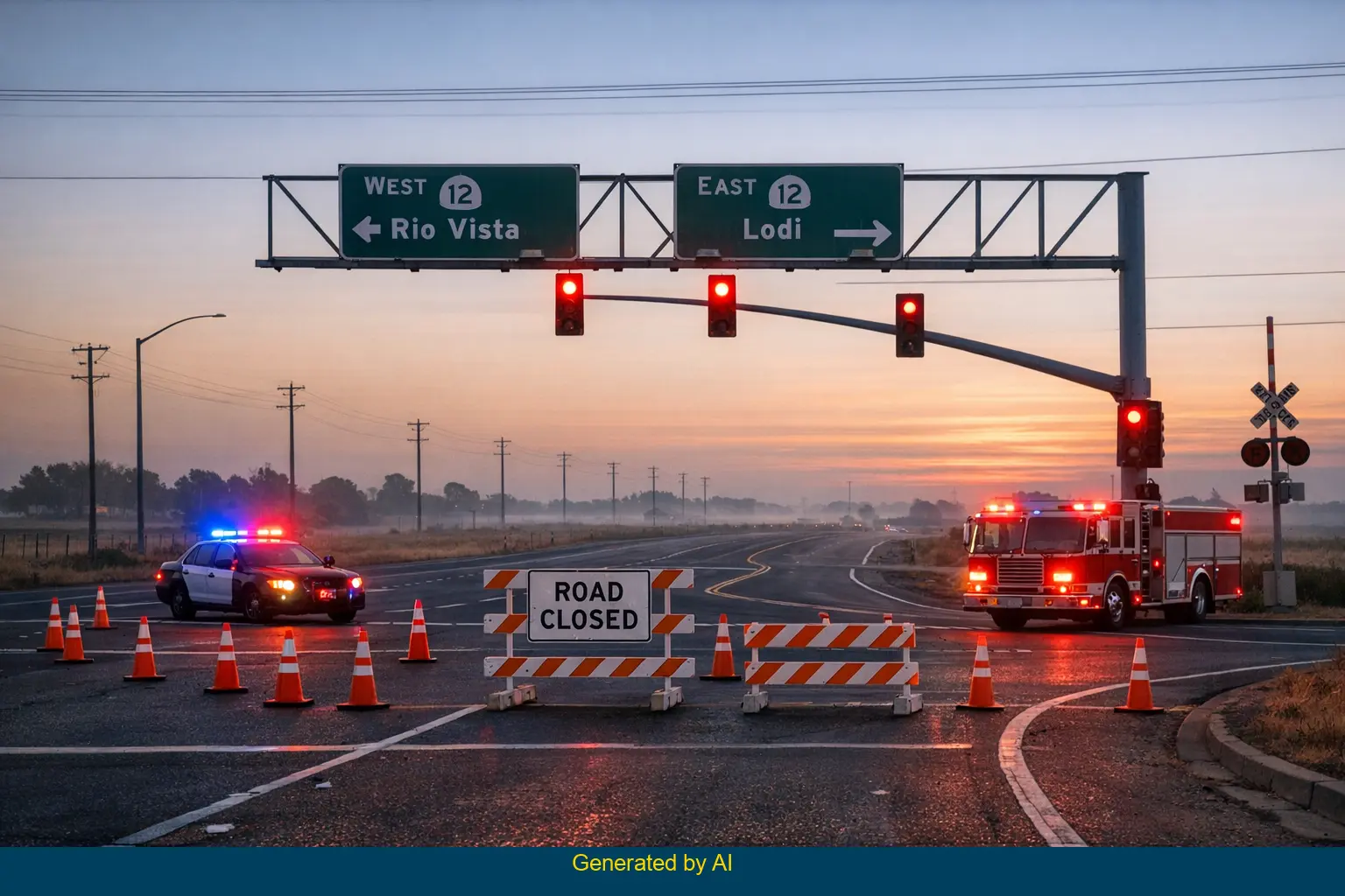 Emergency vehicles and road closure at dawn after fatal crash on State Route 12 intersection