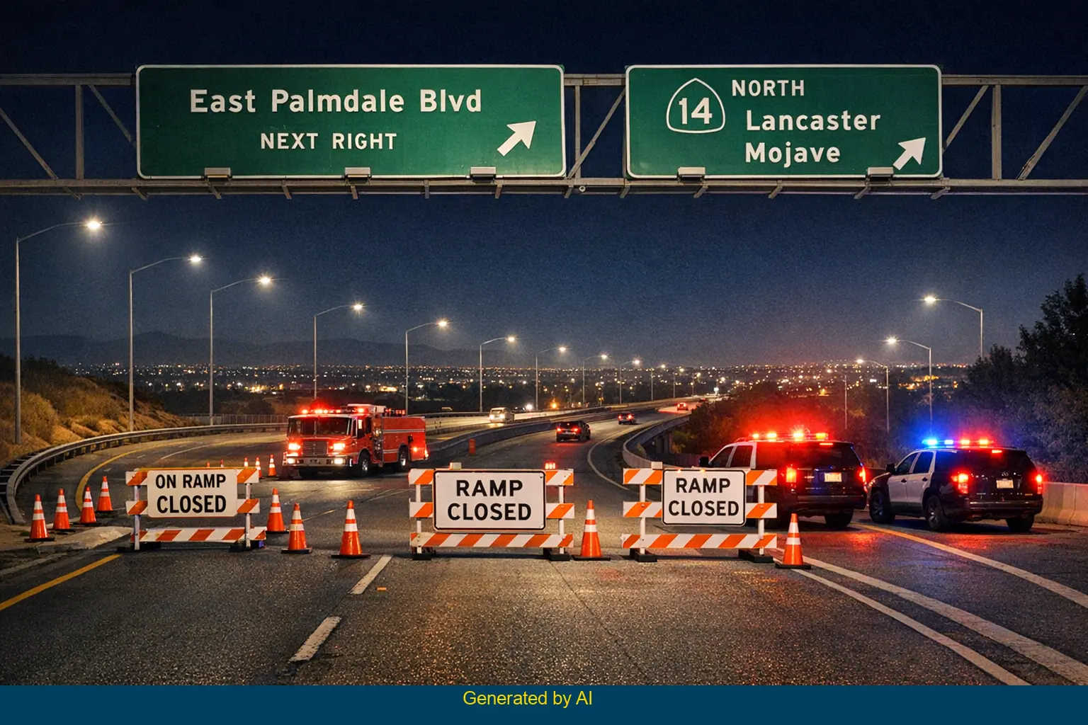Nighttime emergency response on State Route 14 off-ramp at Palmdale Boulevard after a fatal crash