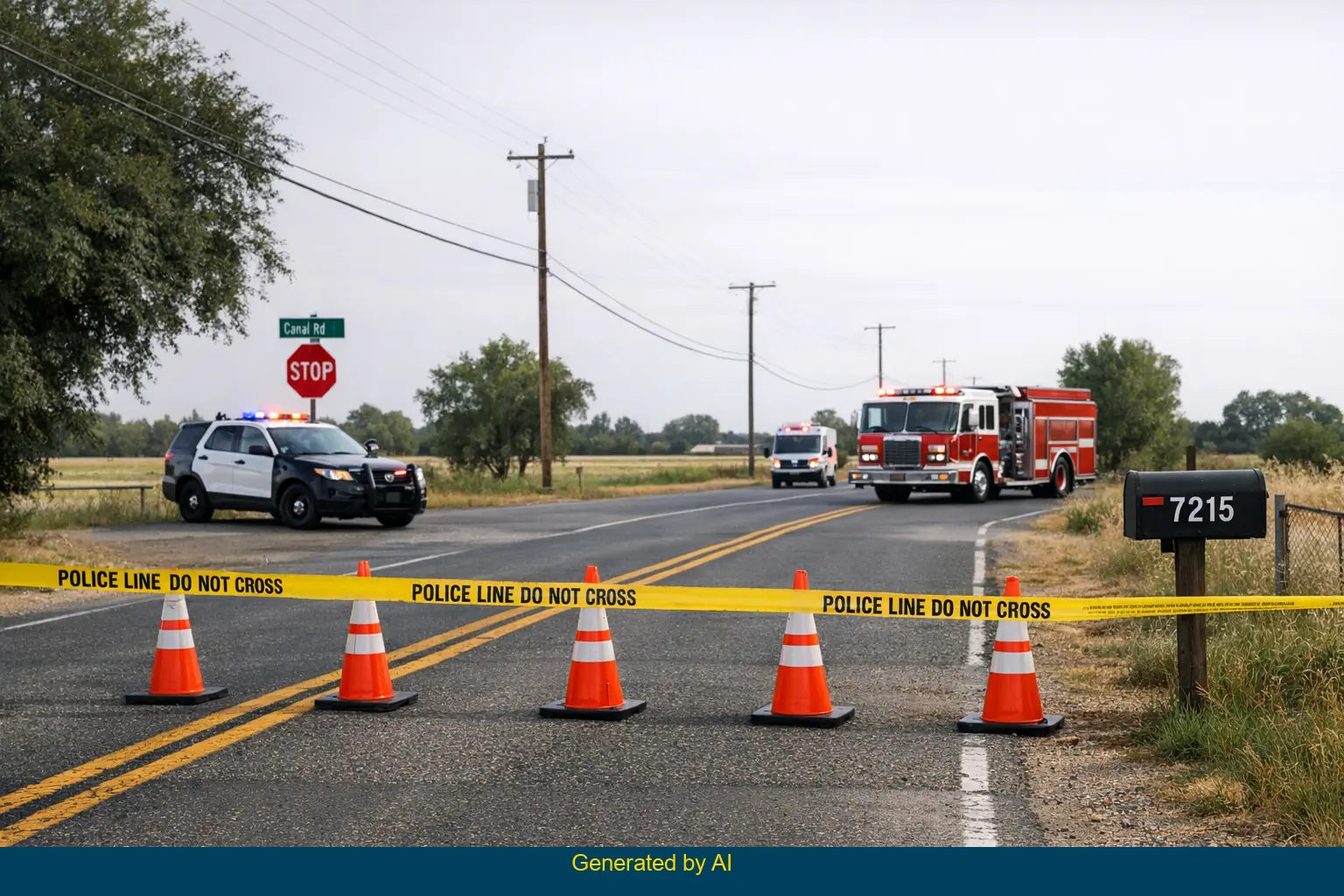 Emergency vehicles and police tape block Nicolaus Road intersection after Tesla and Toyota crash
