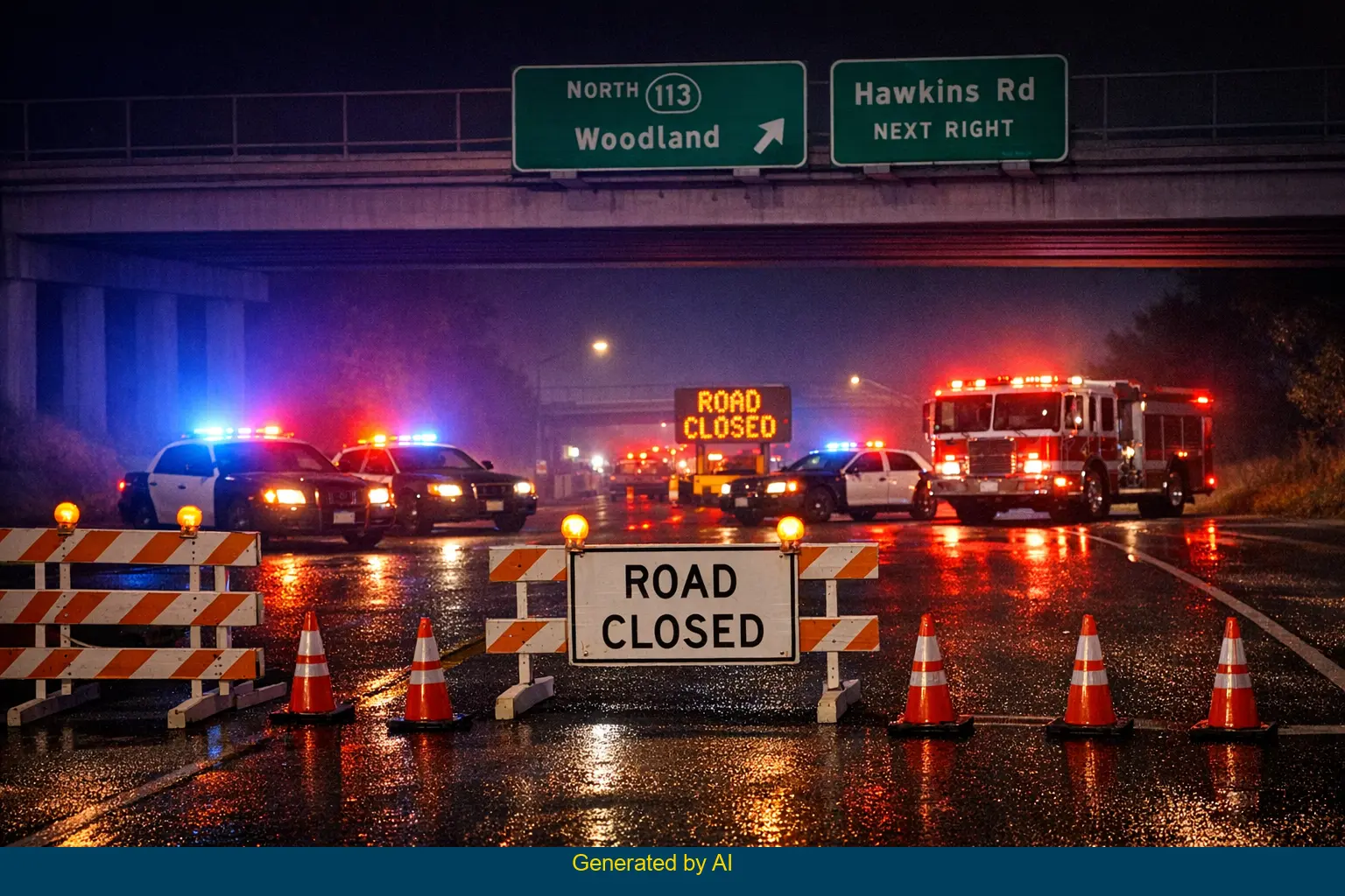 Emergency vehicles block State Route 113 at Hawkins Road during a nighttime closure after a fatal crash and fire