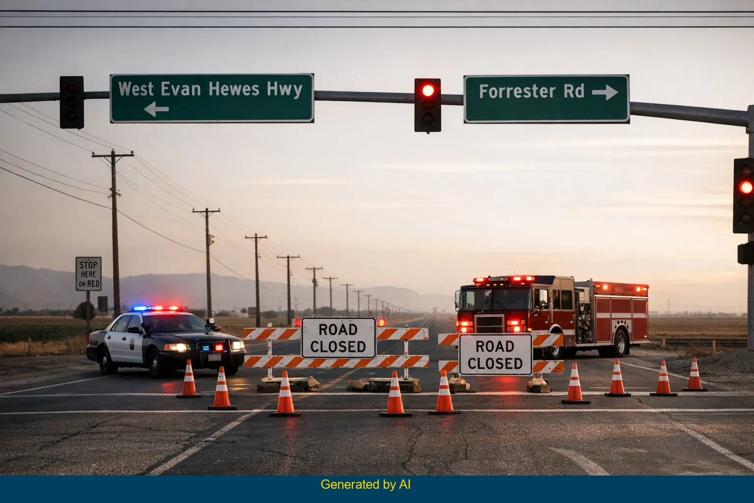Emergency vehicles and road closure at West Evan Hewes Highway and Forrester Road crash scene