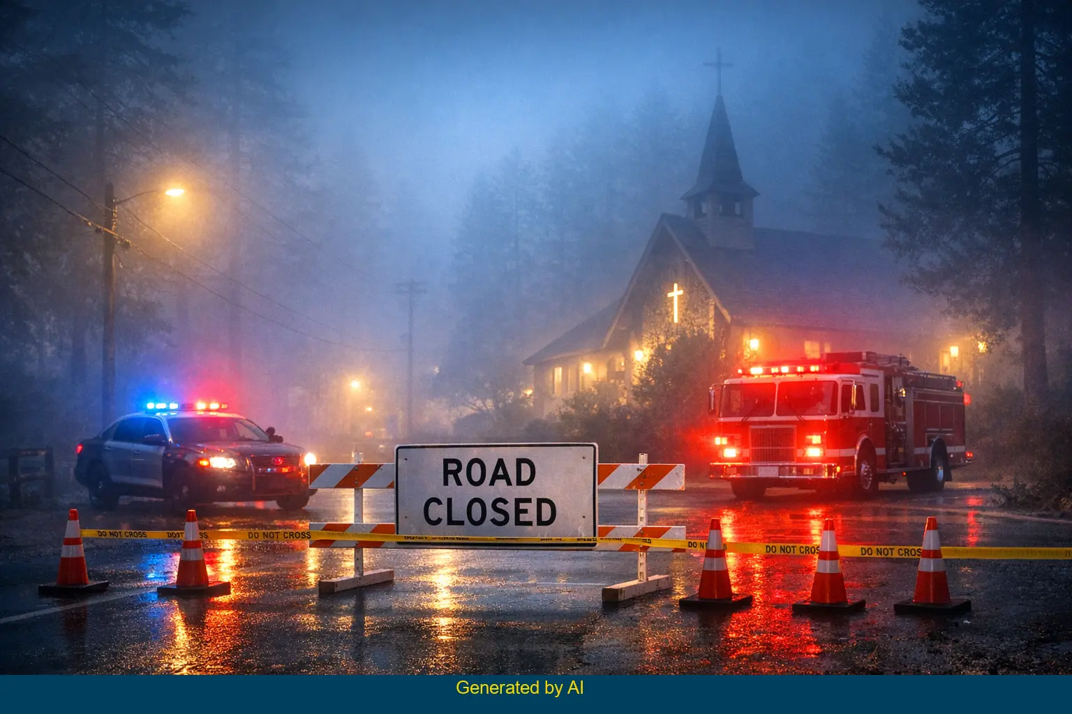 Emergency vehicles and road closure at nighttime DUI crash scene on Valley of the Falls Drive in Forest Falls