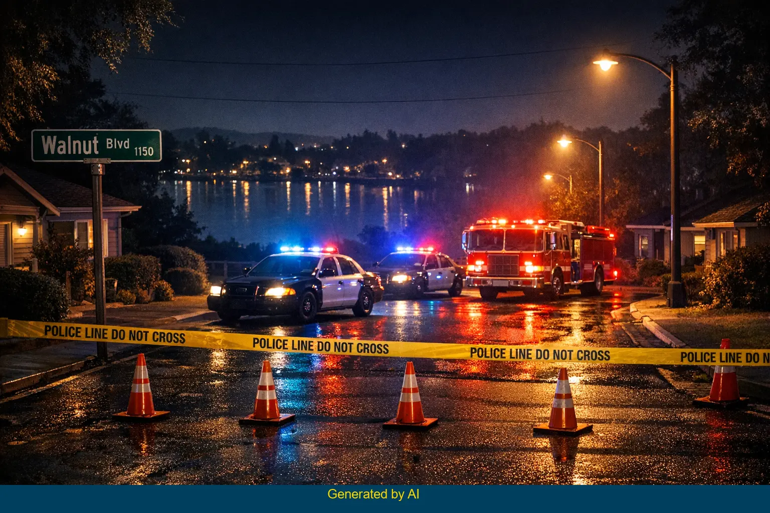 Emergency vehicles respond to a nighttime Ford F-150 crash near a lake on Walnut Boulevard