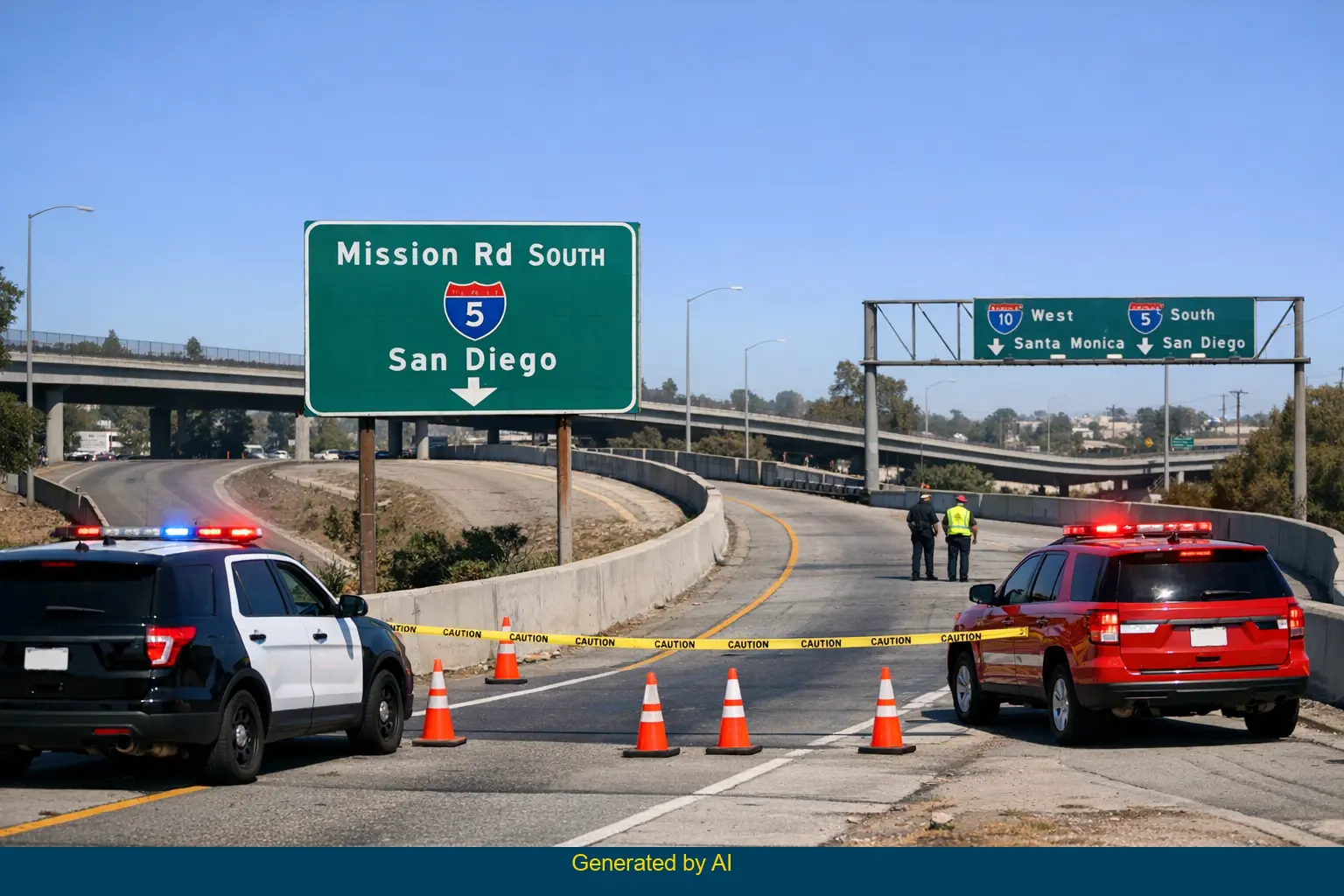 Mission Road on-ramp to southbound I-5 closed by police and fire vehicles after accident