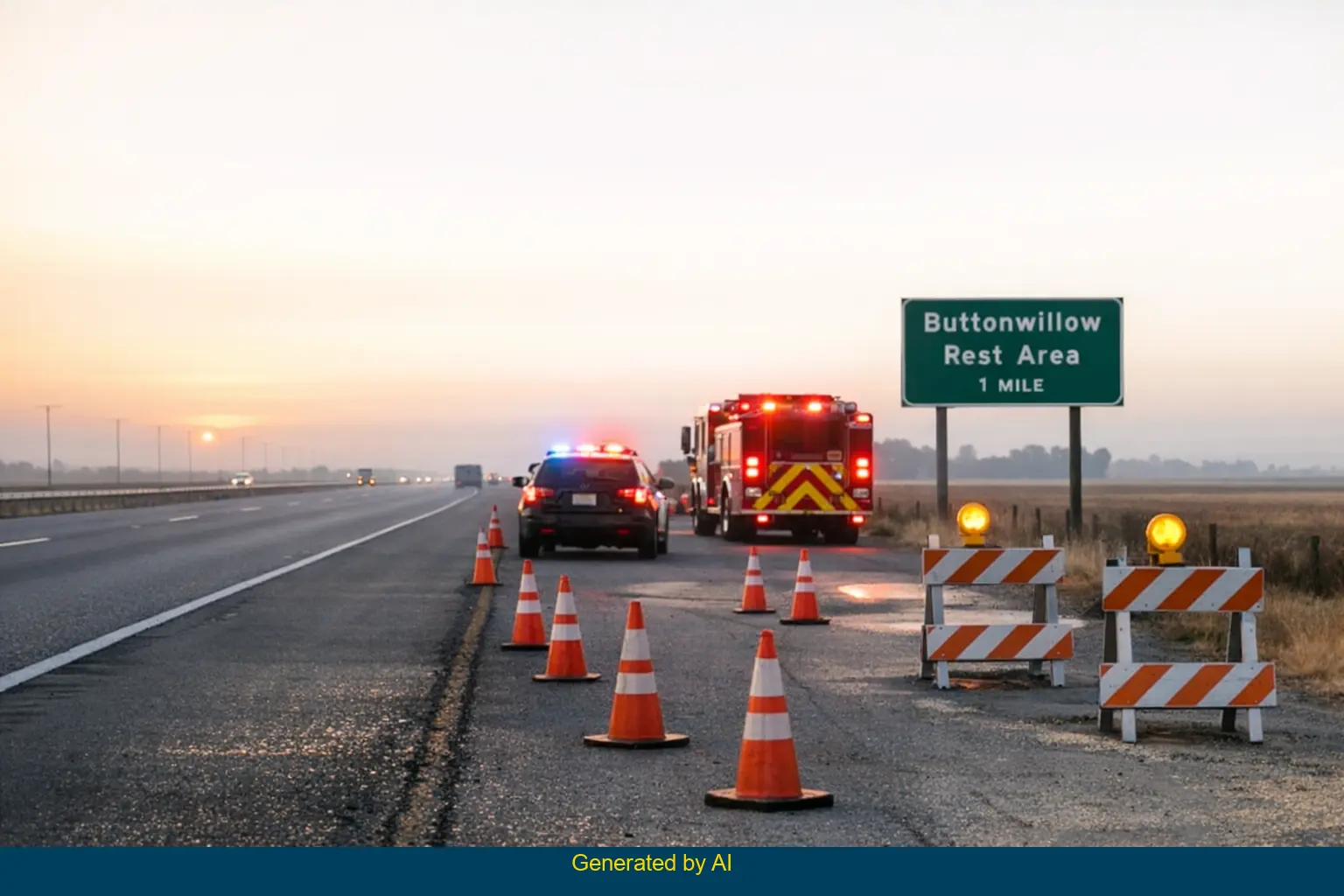 Emergency vehicles and traffic cones close northbound Buttonwillow Rest Area shoulder at sunrise