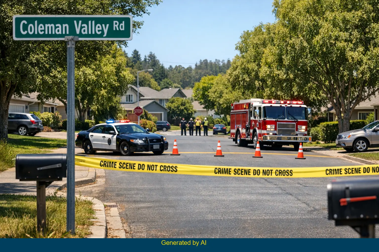 Emergency vehicles block Coleman Valley Road in a quiet residential neighborhood after a fatal incident