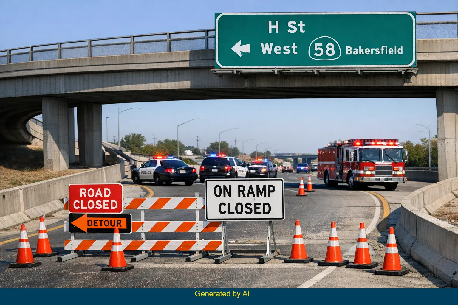 Emergency vehicles and road closure at H Street on-ramp to SR-58 West in Bakersfield after accident