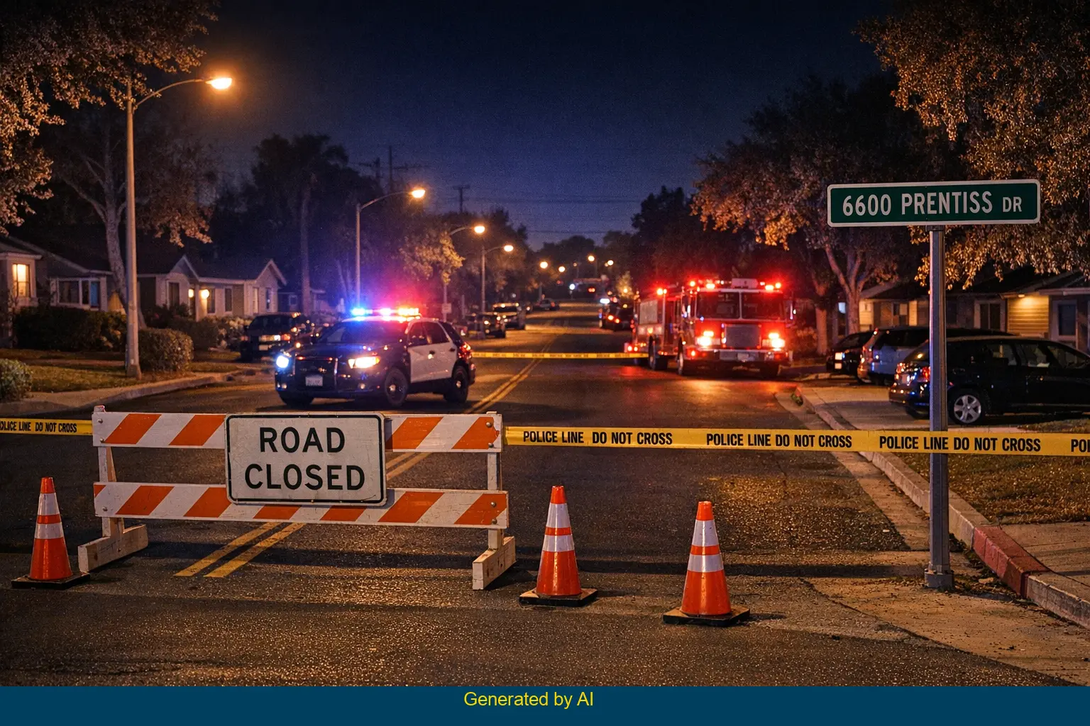 Emergency vehicles and police tape mark a cordoned residential street after a car accident on Prentiss Drive