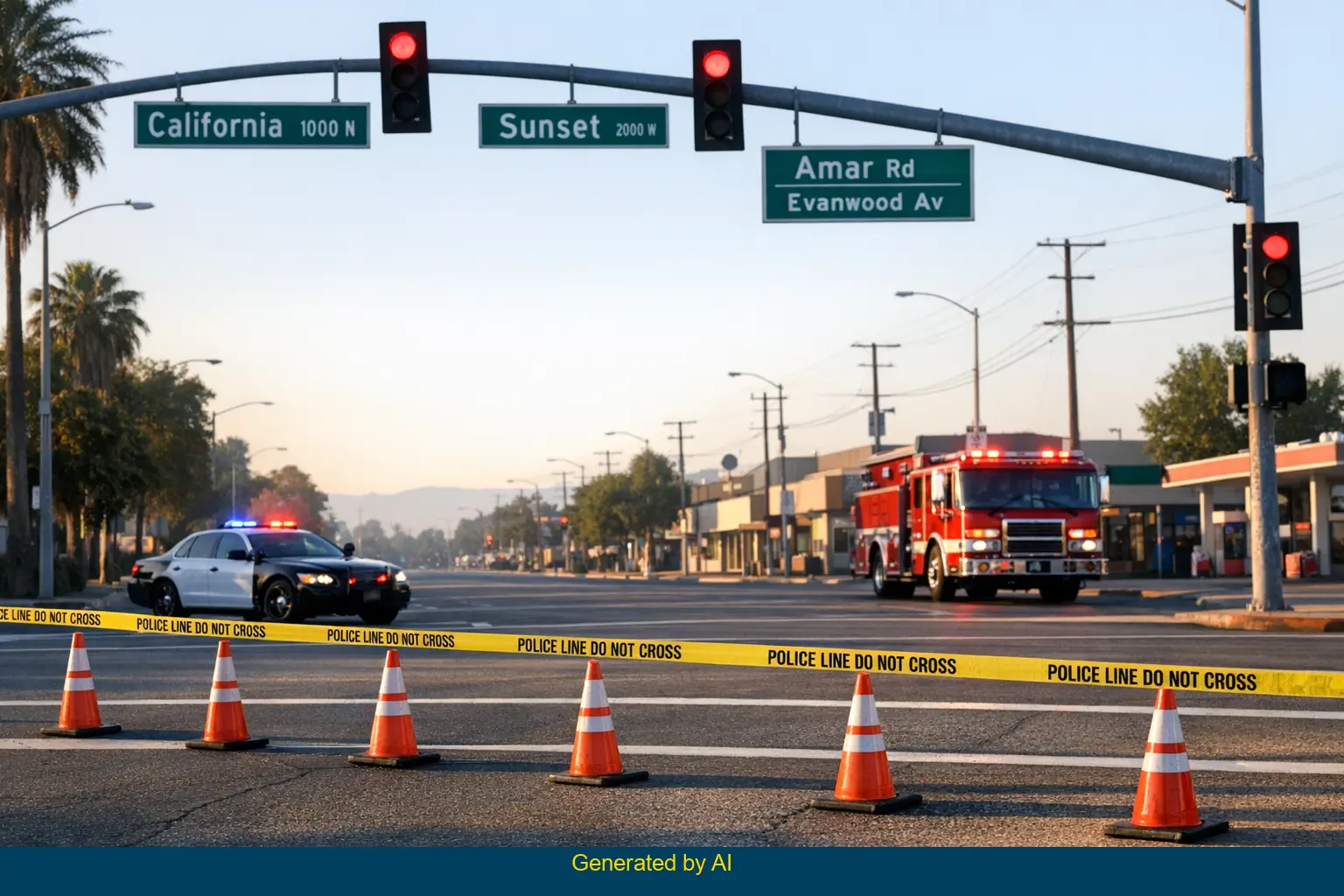 Early morning road closure at California and Sunset with police tape, cones, and emergency vehicles present