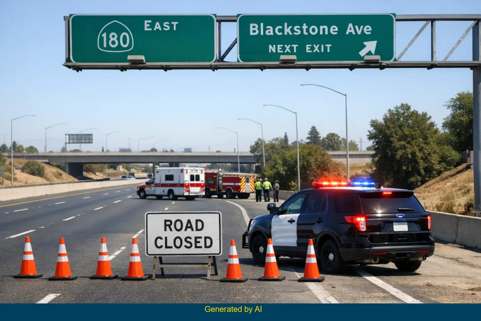Police SUV and emergency vehicles block SR-180 eastbound Blackstone Avenue off-ramp after accident in Fresno