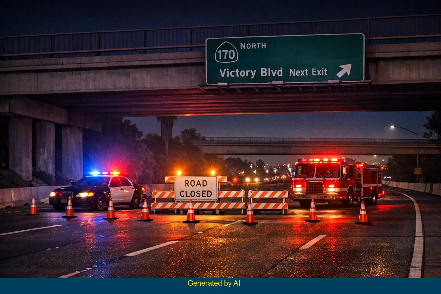 Emergency vehicles and road closure on northbound SR-170 near Victory Boulevard after motorcycle crash