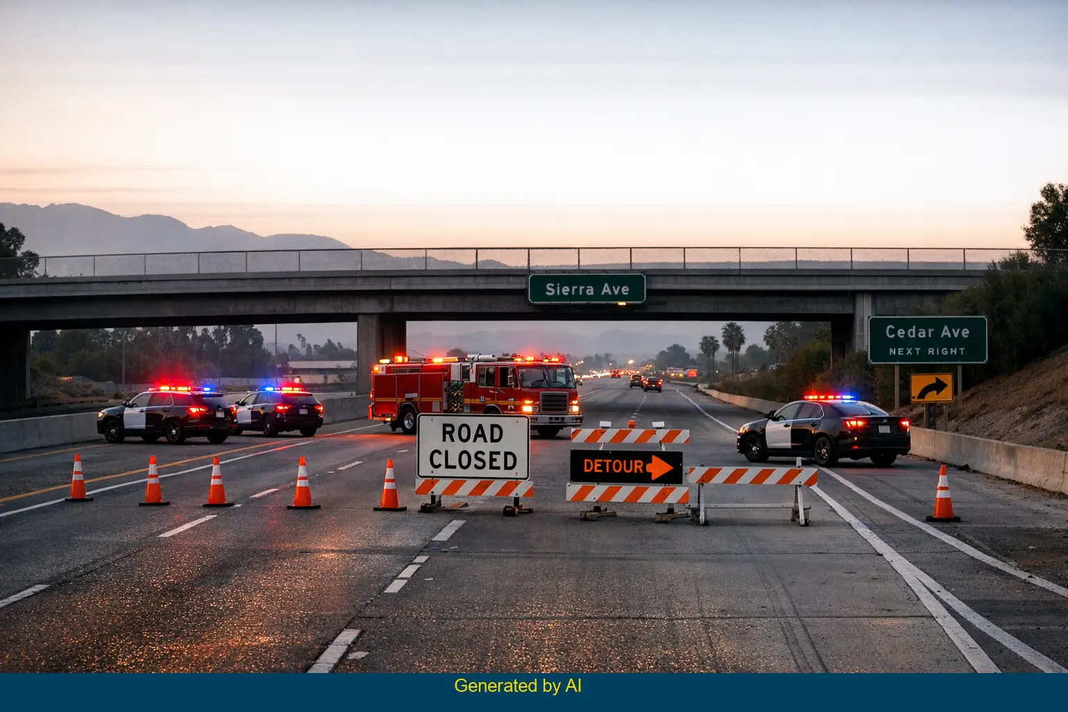 Emergency vehicles and traffic cones block I-10 westbound near Sierra Avenue after a multi-vehicle crash in San Bernardino County