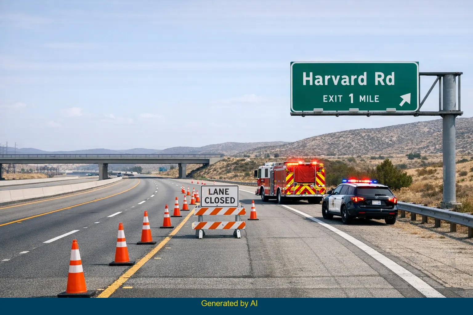 Emergency vehicles and traffic cones block a lane on Interstate 15 near Harvard Road after a multi-vehicle crash