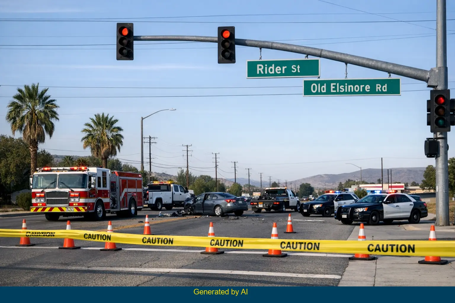 Emergency vehicles and caution tape at Rider Street and Old Elsinore Road accident scene in Perris