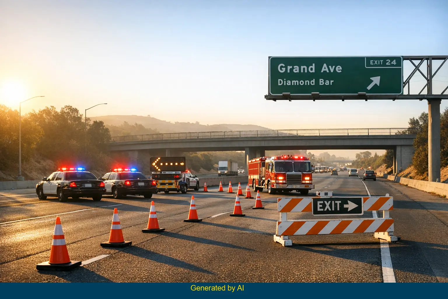 Emergency vehicles and traffic cones block lanes on SR-60 after multi-vehicle crash near Diamond Bar