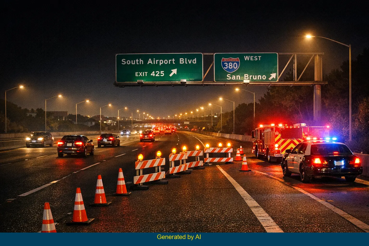 Emergency vehicles and lane closures on US 101 near South Airport Boulevard after a vehicle-pedestrian accident at night
