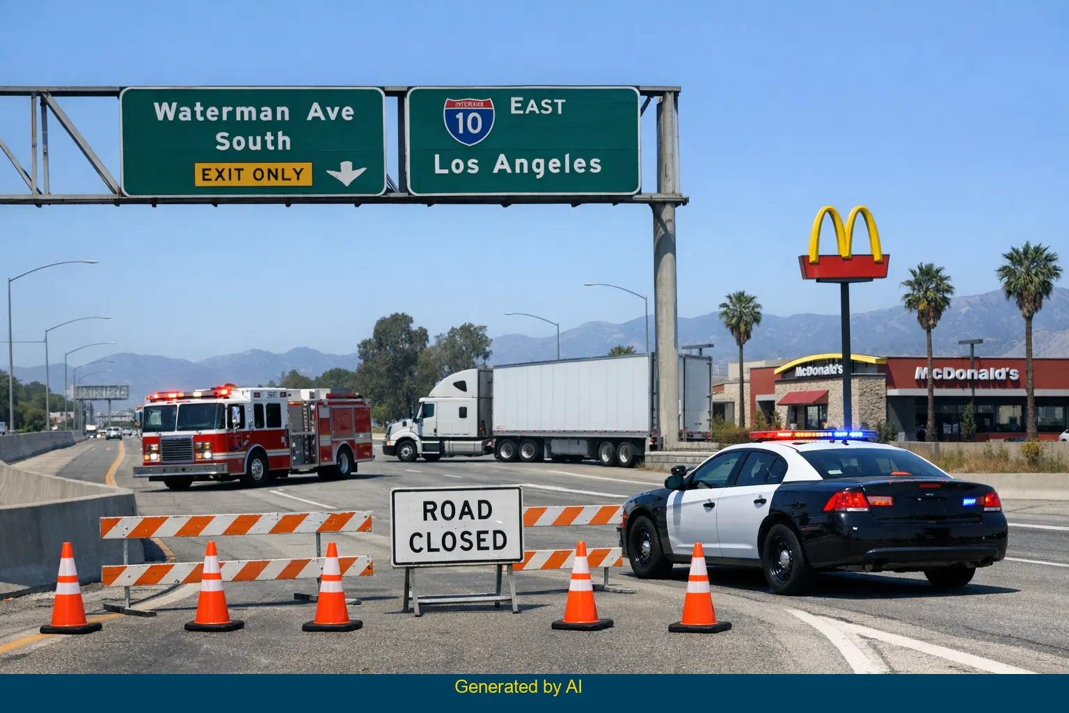 Police and emergency vehicles block the I-10 Waterman Avenue off-ramp after a truck accident in San Bernardino
