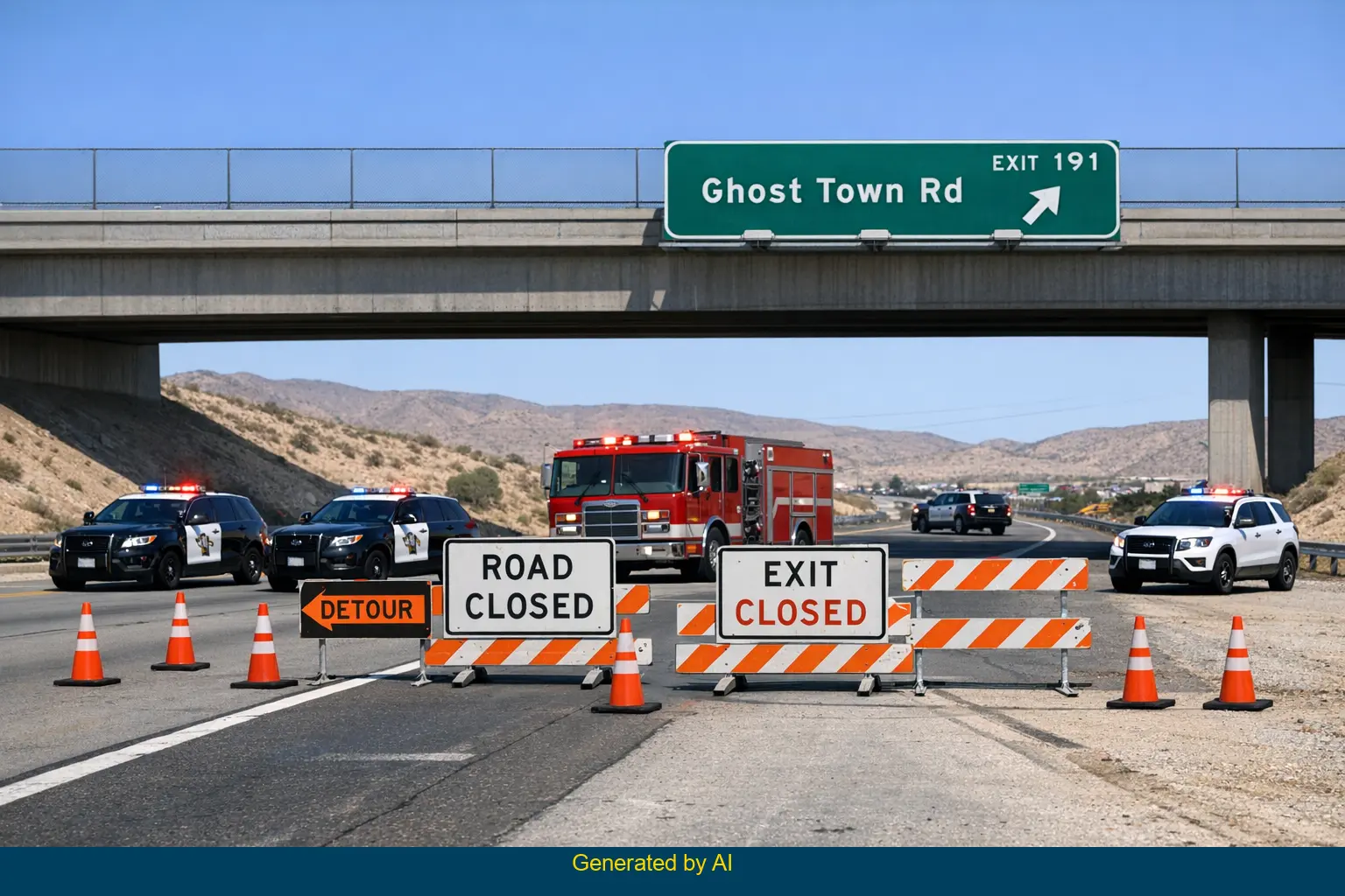 Emergency vehicles and road closure signs at I-15 northbound Ghost Town Road off-ramp after rollover crash