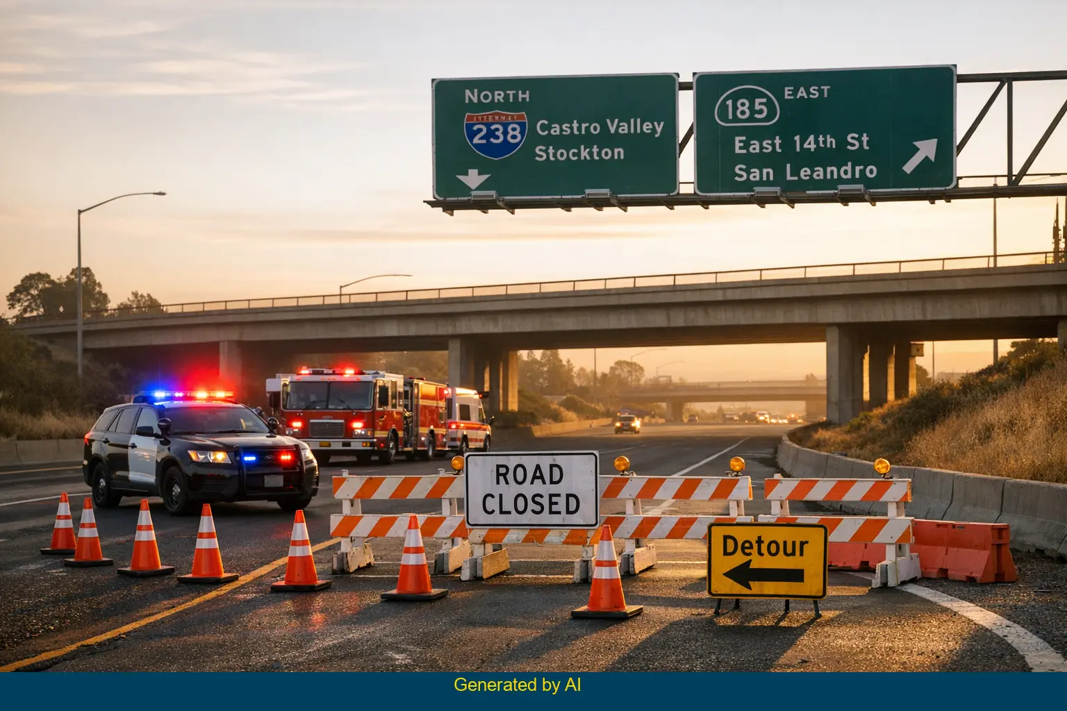Police and emergency vehicles block East 14th Street on-ramp to I-238 in San Leandro after fatal solo car crash
