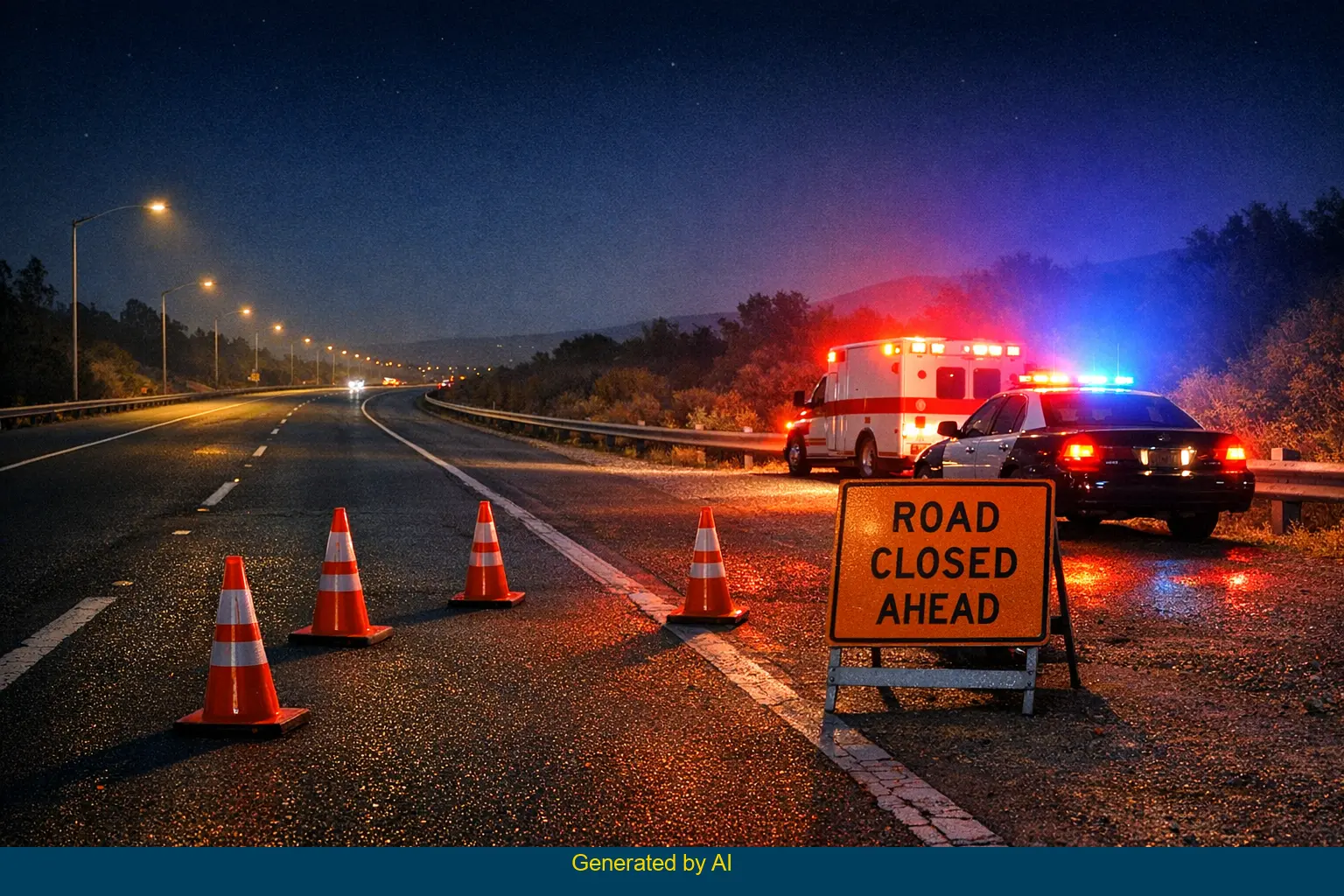 Nighttime emergency response scene on State Route 78 after a fatal motorcycle crash, with police and ambulance vehicles