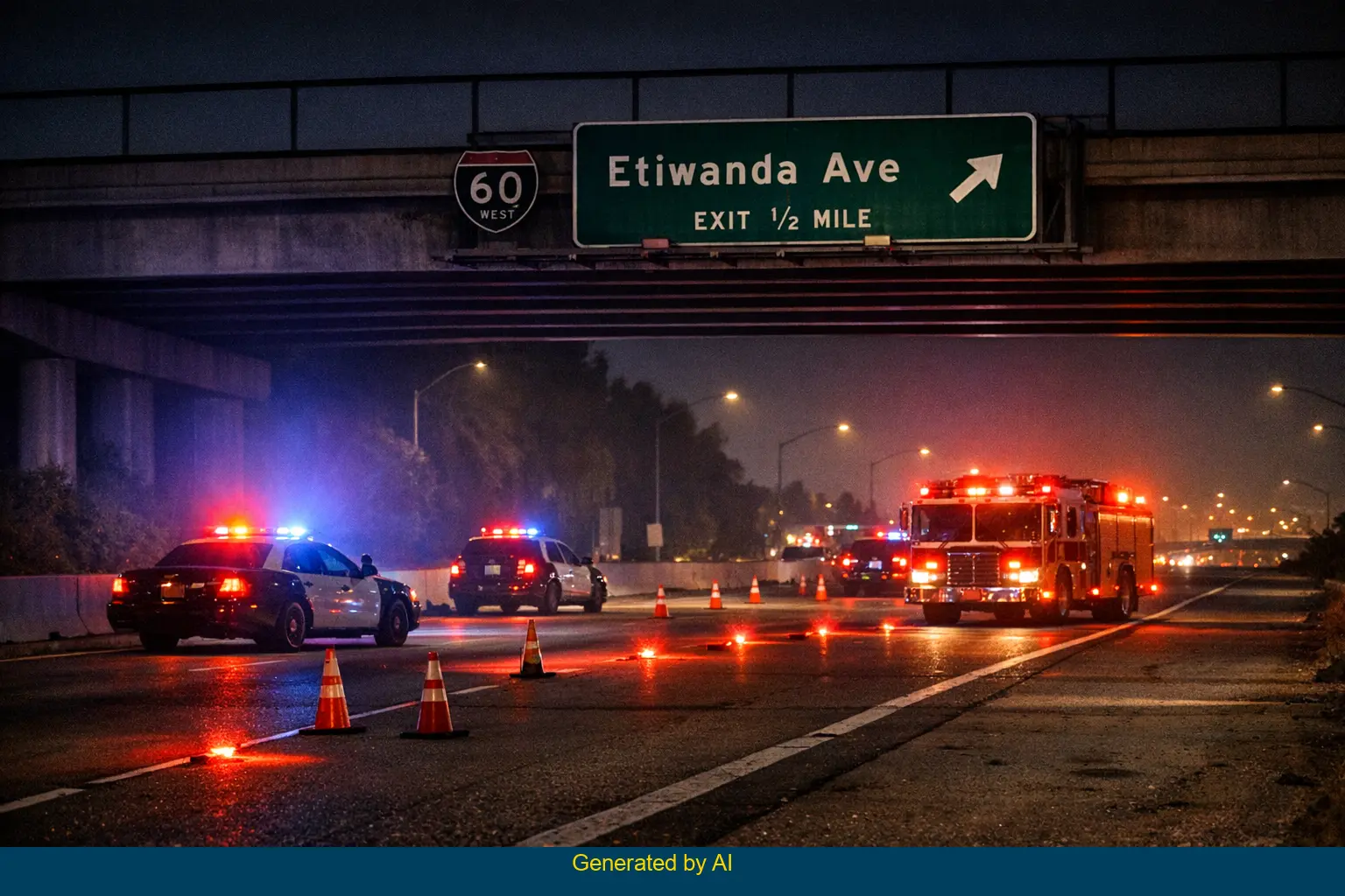 Emergency vehicles and cones block westbound State Route 60 near Etiwanda Avenue at night after SUV crash