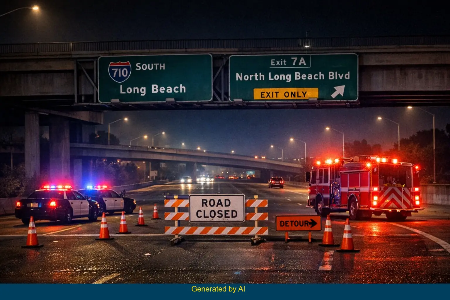 Emergency vehicles and road closure on I-710 South near North Long Beach Boulevard after solo-vehicle crash at night