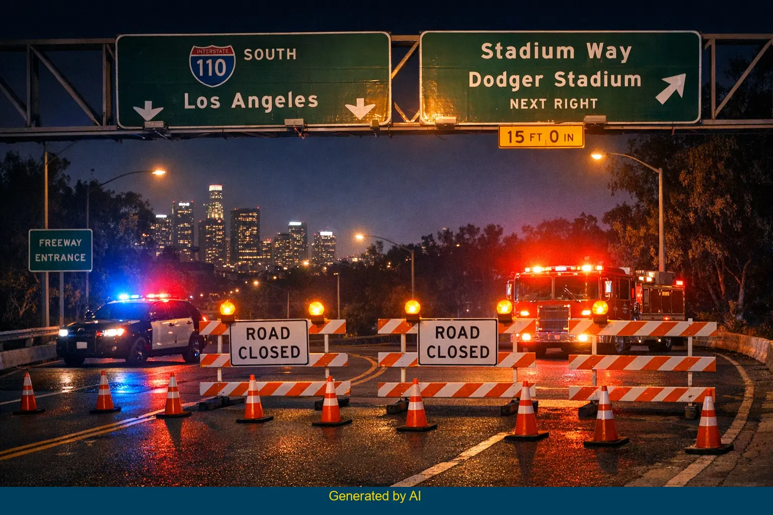 Emergency vehicles and barricades block Stadium Way on-ramp to SR-110 South in Los Angeles at night after a solo-vehicle crash.