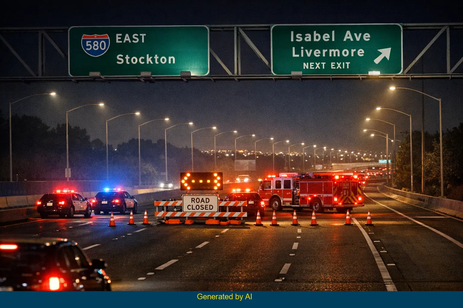 Emergency vehicles with flashing lights respond to a three-vehicle crash on I-580 eastbound near Isabel Avenue in Livermore at night