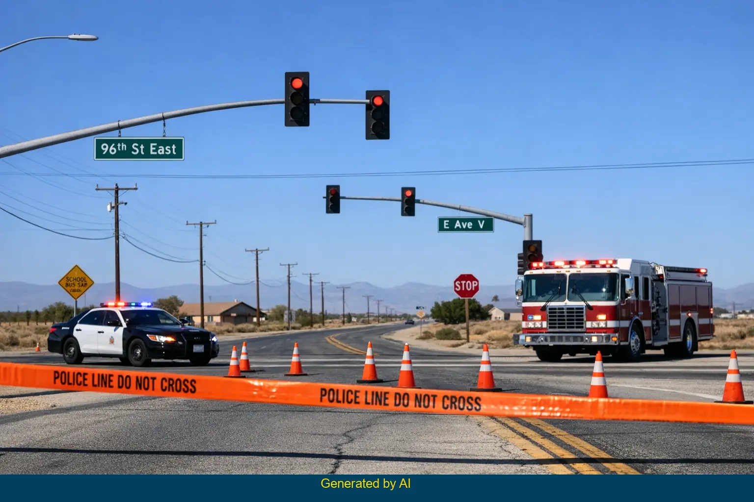 Emergency vehicles and police tape block off 96th Street East and East Avenue V after fatal collision