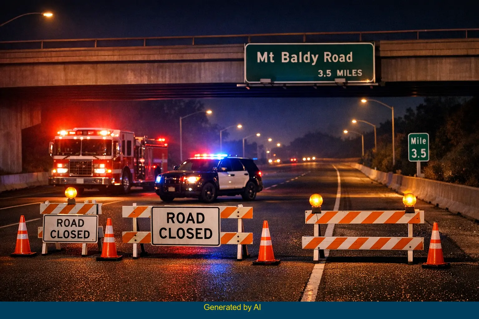 Emergency vehicles and police barricades block Mt Baldy Road after a nighttime truck collision near Shin Road