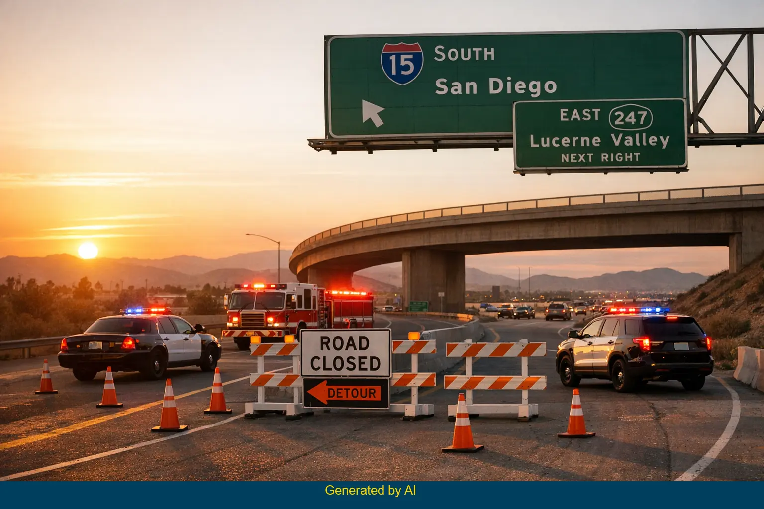 Emergency vehicles and traffic cones at motorcycle accident scene on I-15 South near SR 247 on-ramp at sunset
