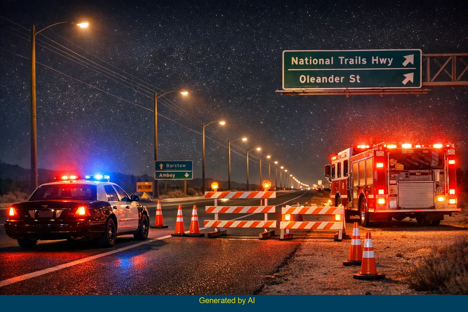 Emergency vehicles and traffic cones mark a nighttime road closure after a two-vehicle crash near National Trails Highway and Oleander Street